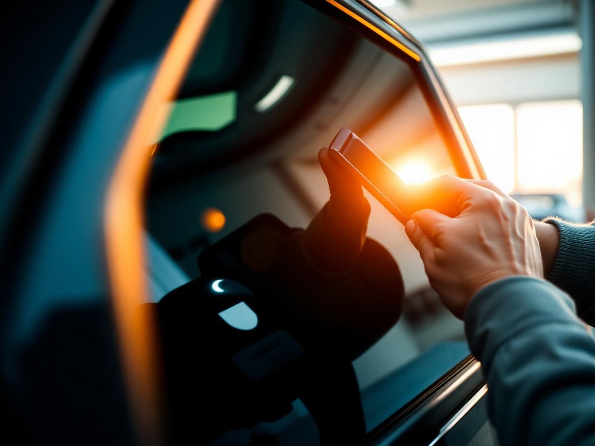 Aplicação de insulfilm no vidro de uma picape com luz do entardecer
